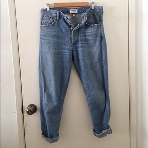 High waisted mid wash blue Mom straight leg jeans
